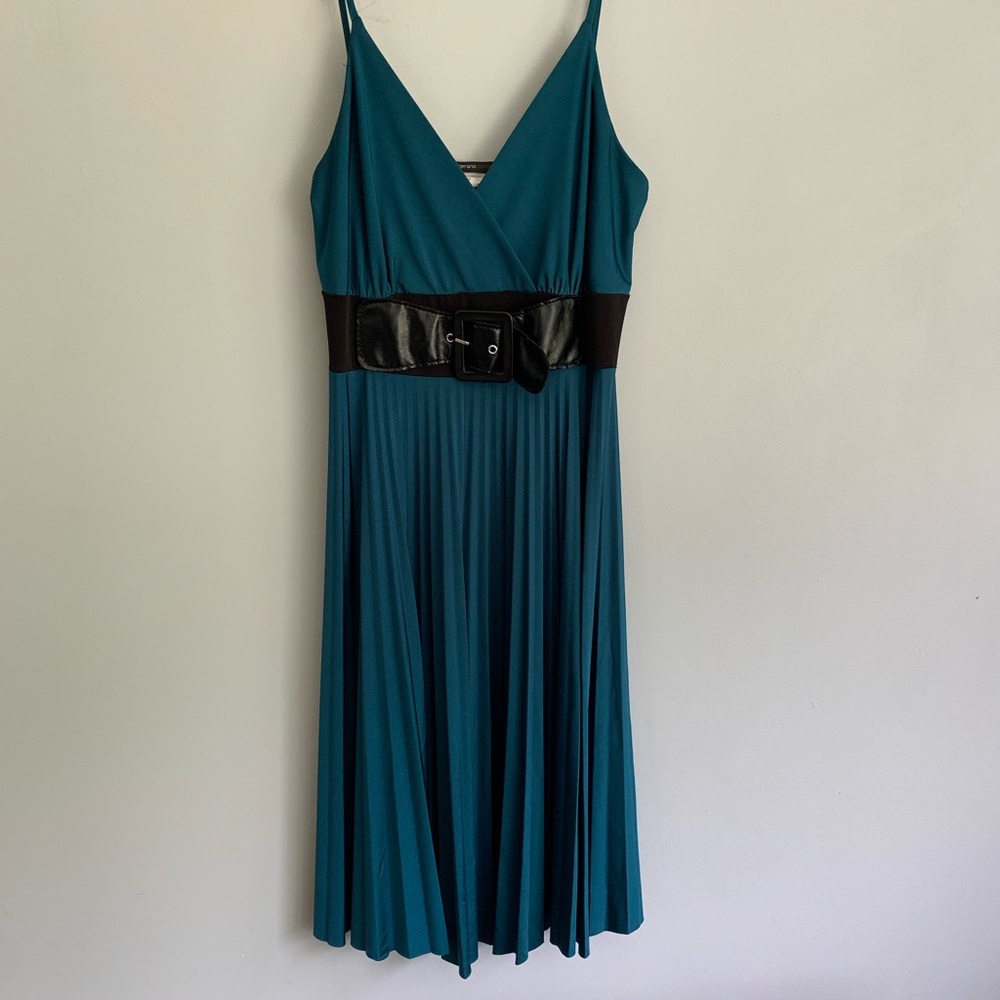 Teal Belted and Pleated Short Dress